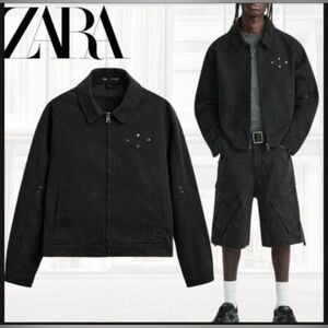 Zara Black Washed Denim Jacket with Studs – Size Large (Men’s)